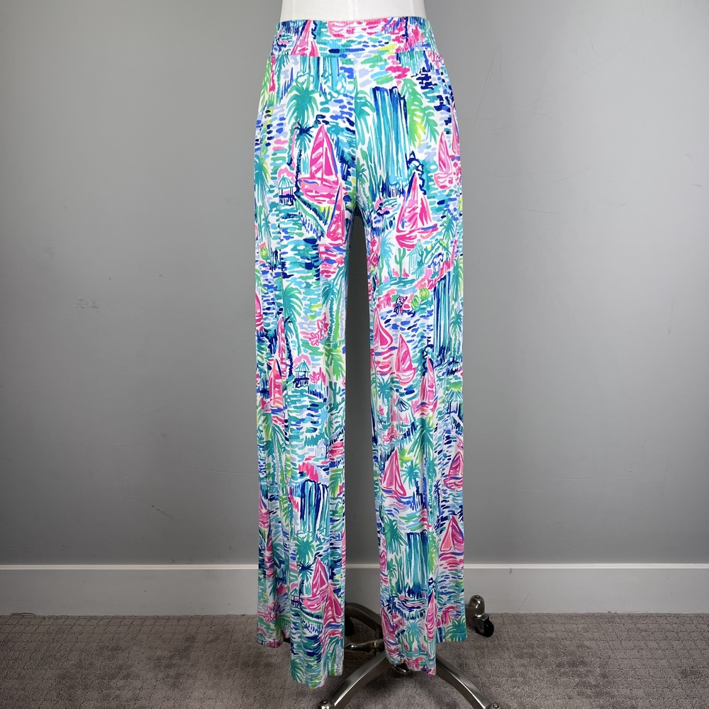 Lilly Pulitzer, Colorful Sailboat Print Pull-on Pant, Knit Stretchy Waistband XS